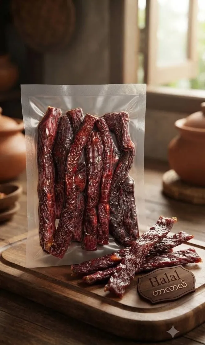 A sealed pack of beef jerky on a wooden board
